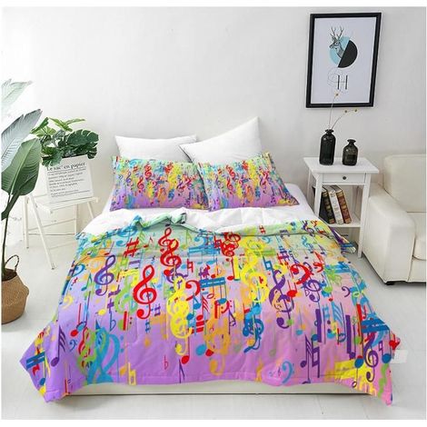 Housse de Couette 90x190 cm avec 2 Taies d'oreiller 65x65 cm Microfibre Parure de Lit Imprimé Coloré Notes Musique Fermeture - SU7 (1/4)