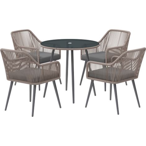Light Brown 4-Seater Rattan Dining Set with Cushions and Glass Top Table for Patio and Balcony, Features Parasol Hole