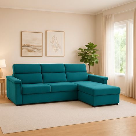 Divano Fisso con Penisola Cintano, Sfoderabile, Reversibile Made in Italy, Idrorepellente Multiposizione, 285x160 cm Azzurro (1/5)