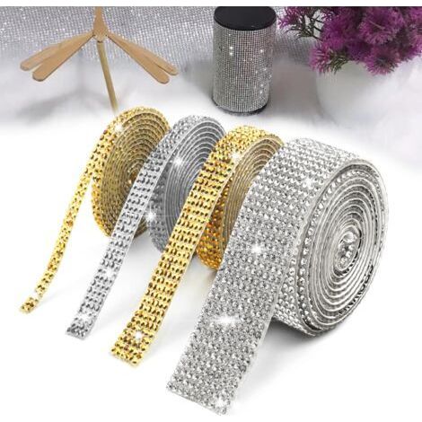 4 rolls of self-adhesive crystal rhinestone stickers, self-adhesive glitter stones, DIY diamond strip, 4 rolls in 4 sizes (white and gold) (1/5)