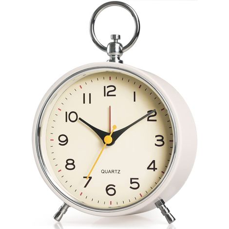 Réveil rétro analogique en métal avec lumière, fonction snooze, silencieux, sans tic-tac, fonctionne sur piles, idéal pour les enfants, la chambre, le salon, ou comme horloge de table décorative blanc (1/5)
