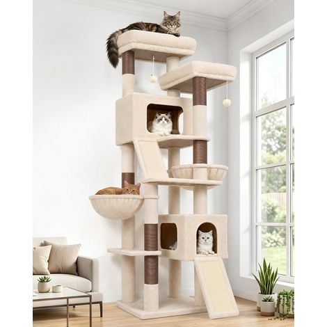 Arbre à Chat Beige XXL Stable 190 cm pour 3-5 Grand Chats F74C (1/5)