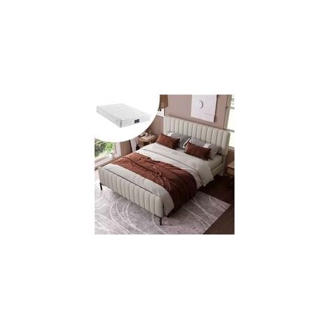 Lit adulte rembourré 140x200 cm Tête de lit capitonnée réglable Sommier à lattes Lin gris-beige Matelas mousse froide 25 cm inclus (1/5)