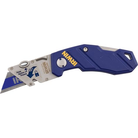 Cúter trapezoidal plegable Irwin 10507695, tipo industrial, con cuchilla bimetálica, mango retráctil, acero inoxidable, color azul/amarillo, compacto y fácil de usar.