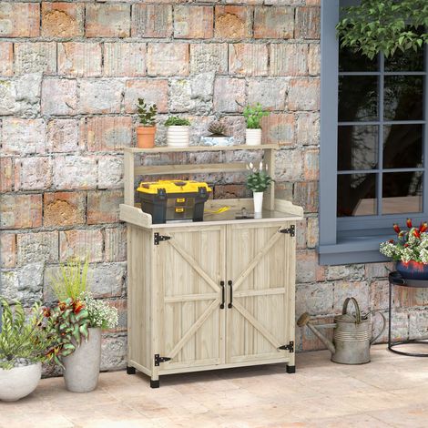 Pflanztisch, Gartentisch, Schrank mit Regalen und Tablett mit rutschfesten Füßen, 90,5 x 41 x 124,5 cm, Naturholz