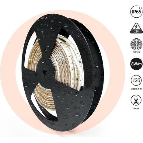 Bande LED 220V AC - Monocouleur - 8W/m - 10mm - IP65 - 10