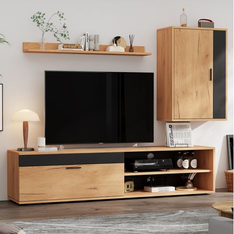 Set mobile TV 3 pezzi 140x35x39 cm in legno naturale e nero FloraGrace