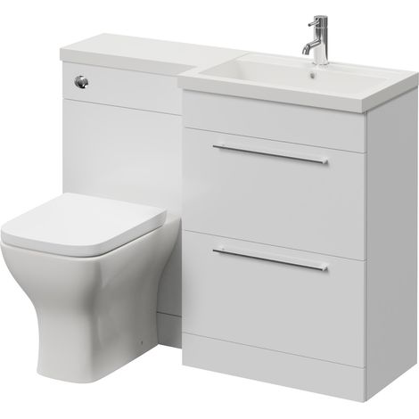 Napoli 390 Gloss White 1100mm 2 Drawer Vanity Unit Toilet Suite with Square Right Hand Lucia Basin - 1100mm - Chrome 320mm HandleWith Kingston Toilet Pan and Seat