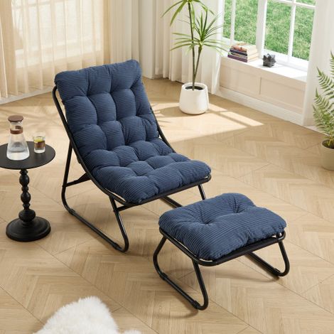 Chaise longue avec repose-pieds et coussin, en acier, style moderne, bleu marine (1/5)