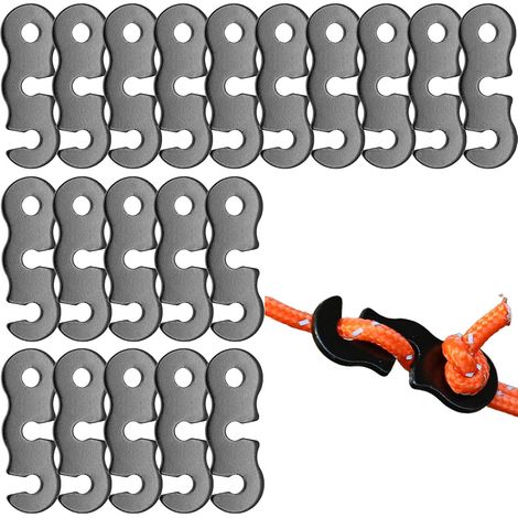 Lot de 20 tendeurs de cordes de camping en alliage d'aluminium noir, ajusteurs de haubans pour tente, accessoires pour pique-nique et activités de plein air. (1/5)