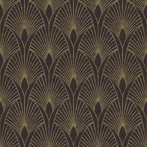 Papier peint art déco noir et or 53cm x 10,05m – Motif répétitif tous les 18cm – Pose facile sans table à tapisser – Écologique – Livingwalls