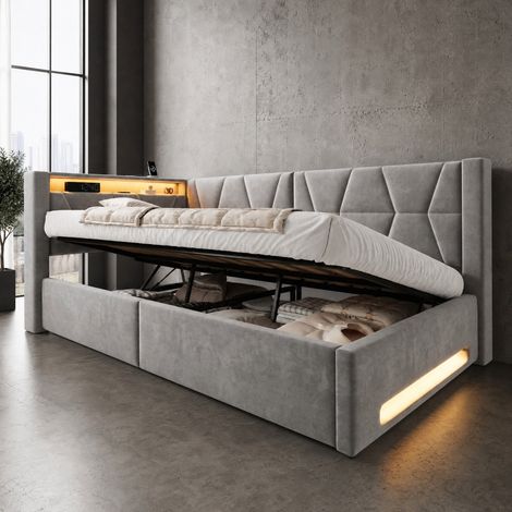 Letto contenitore 90x200 cm con LED, USB Type-C, rete a doghe e velluto grigio OKMYHOME (1/5)