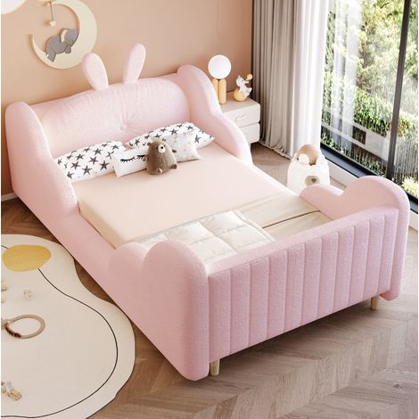 Cama infantil 90x200 cm - Con cabecero y cojín conejo - Con somier de lamas - En tela teddy - Rosa (1/5)
