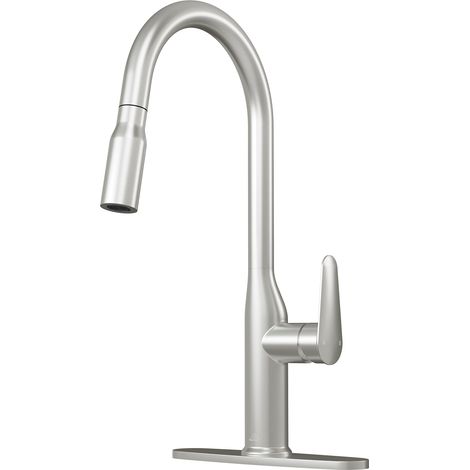 Robinet de cuisine à douchette extractible, monocommande, montage sur plage, finition nickel brossé (plaque de montage incluse) (1/4)