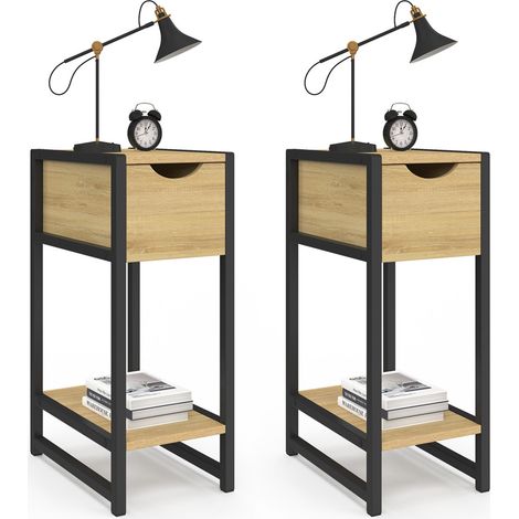 Set di 2 comodini a 1 cassetto DETROIT con ripiano in metallo nero e legno, design industriale