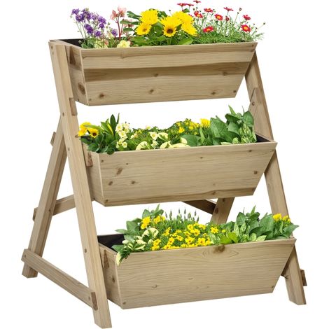 Jardinera de Escalera de 3 Niveles Maceteros de Madera Jardinera Vertical con Tela no Tejida y Orificios de Drenaje Huerto Urbano para Plantas Macetas Flores Jardín 71x61x77 cm Natural (1/3)