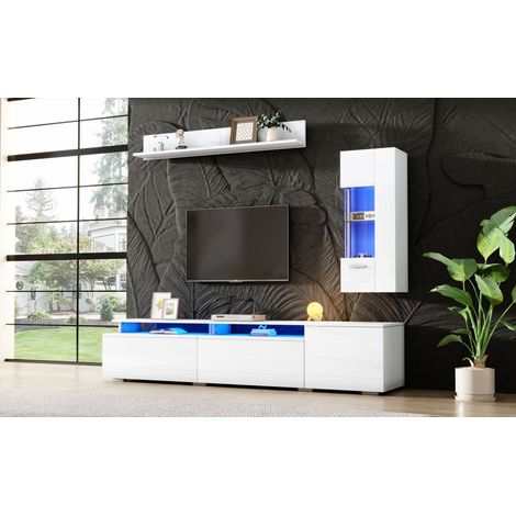 Meuble TV blanc 180 cm avec LED, vitrine et étagère murale pour salon (1/5)
