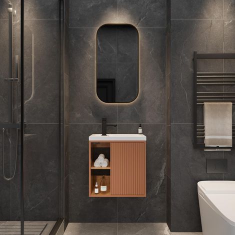 UEV Meuble Lave-Mains Mural, Meuble Lavabo Suspendu, Lavabo en Résine, Espace de Rangement Caché/Ouvert, Motif de Ligne, 51 x 30,5 x 54 cm, Orange