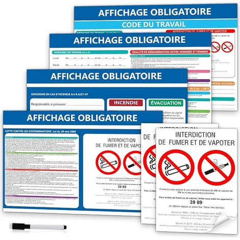 Mandatory Labour Code Signs Adhesive Stickers 4 x 200 x 300 mm Different Contents 2 x Smoking Ban 150 x 200 mm with Erasable Pen for Businesses and Restaurants (1/5)