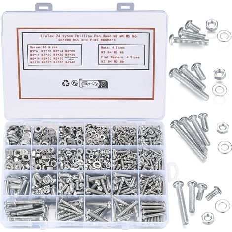 1080 pièces Ensemble de vis et écrous à tête cylindrique Phillips, M3/M4/M5/M6 Vis autotaraudeuses à tête plate, boulons, écrous, rondelles plates de blocage, kit d'assortiment pour accessoires de fix (1/5)