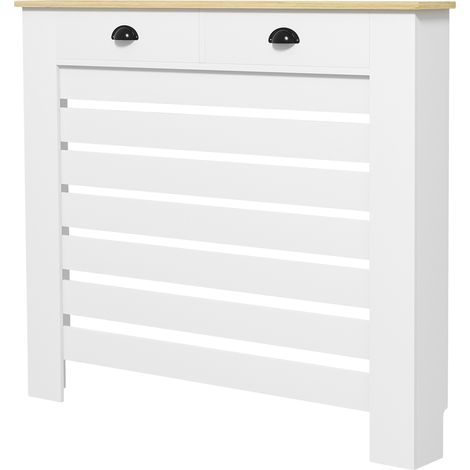 Couvercle de radiateur cache radiateur grille à lattes horizontales avec 2 tiroirs en bois 111l x 19P x 95,5H cm blanc