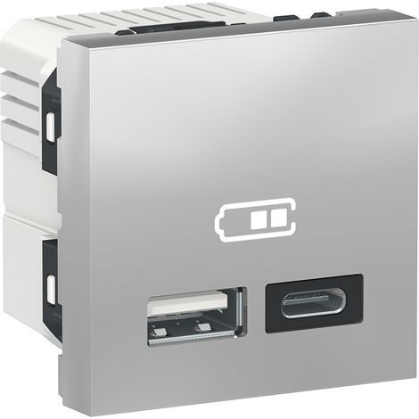 Unica chargeur USB double 5Vcc 2,4A type A+C 2 modules alu méca seul SCHNEIDER NU301830 (1/2)