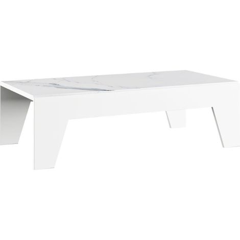 Table basse laqué blanche plateau marbré pieds biseautés design  - CARAT