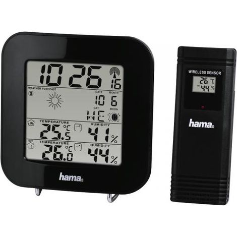 Hama Stazione meteo, radiosveglia DCF, previsioni del tempo e fasi lunari, temperatura interna ed esterna, colore nero (1/4)