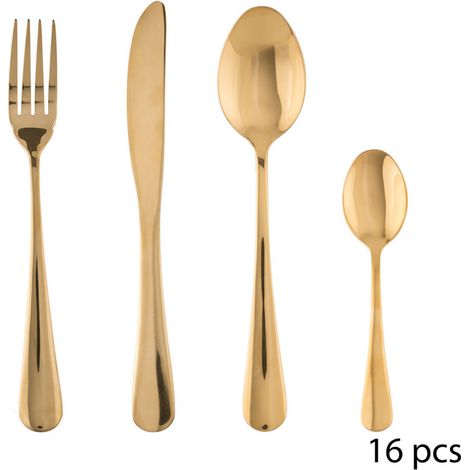 Ménagère 16 pièces en acier inoxydable doré – 4 couteaux 4mm, 4 fourchettes 2.2mm, 4 cuillères à soupe 2.2mm, 4 cuillères à dessert 2mm – Compatible lave-vaisselle – Secret De Gourmet