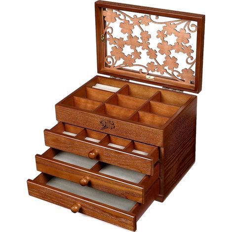 Boîte à bijoux en bois pour femmes avec tiroirs, organisateur de rangement de bijoux de taille moyenne (1/5)