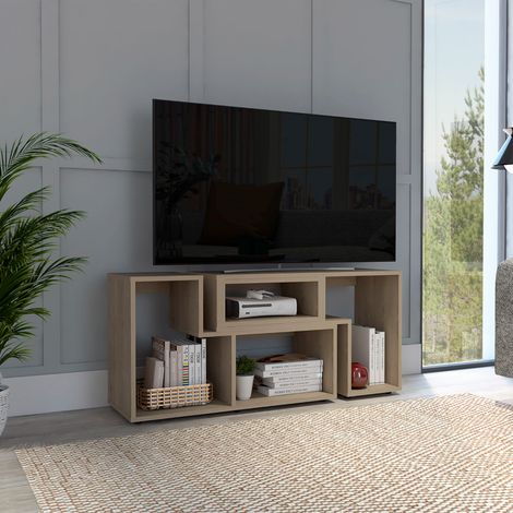 Tuhome Concept – Meuble TV extensible avec 4 étagères ouvertes – Bois couleur miel – Longueur 120/160 cm – Hauteur 54,5 cm – Profondeur 35,3 cm (1/4)