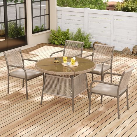 Set tavolo e sedie da giardino, salotto da esterno moderno con tavolo in vetro temperato e poltrone in corda, ferro e poliestere, marrone