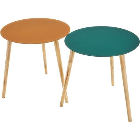 Lot de 2 Tables d'appoint en Bois et Verre Jaune/Vert et Naturel (1/4)