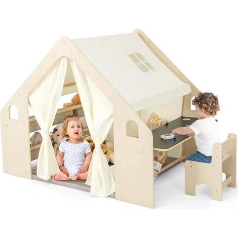 Costway – Cabane de jardin pour enfant 6 en 1 – Tente de jeu, table, chaise, 6 bacs de rangement – Bois massif, 145x98x113cm – Pour 5-6 enfants de 2-6 ans (1/5)