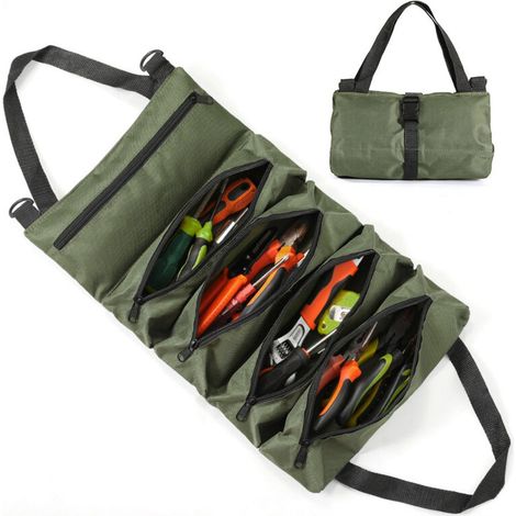 Sac à outils enroulable, sac à outils de voiture en toile Oxford robuste avec poches zippées, sac de voiture multifonctionnel enroulable en toile (vert) (1/4)