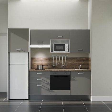 Kochnischen K37L-PT - 240 cm mit Arbeitsplatte und spüle - Graue Front - Laminatplatte aus Holz - Edelstahl-Spüle - Kredenzen ja (1/5)