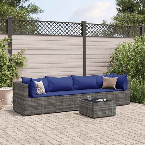 5-tlg. Garten-Lounge-Set mit Kissen Grau Poly Rattan (1/5)