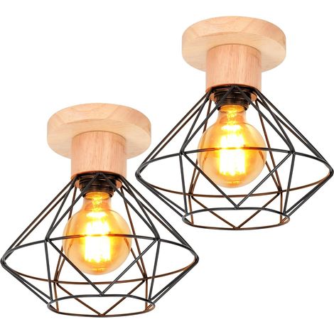 2pcs Suspension Luminaire Métal Bois Diamant E27 Rétro Industriel Pour Salon Cuisine Chambre (1/5)