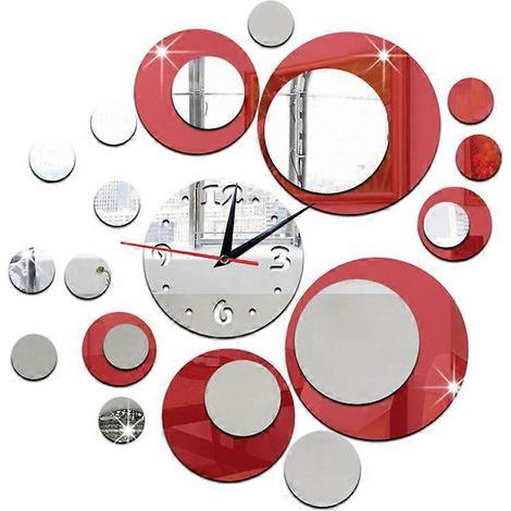 Horloge murale miroir 3D en cristal rouge et argent, autocollant mural en acrylique, décoration intérieure-7.10X7.10X0.30CM-Red (1/2)