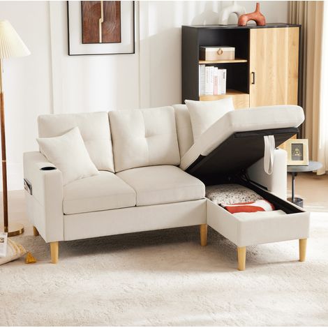 Sofá chaise longue con almacenaje y portavasos beige OKMYHOME (1/5)