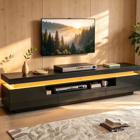 Mueble TV negro brillante LED con 2 puertas, 1 cajón y almacenaje abierto, diseño moderno, 175 x 38 x 45 cm (1/5)
