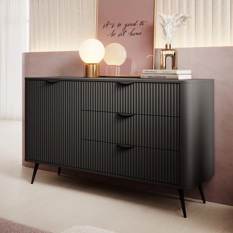 AX LIVING Modern Schubladen Sideboard schwarz Vespasia 138T3S 138,2 cm