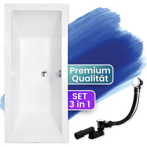 Badewanne Rechteck 190x90, Ablaufgarnitur & Füßen GRATIS - Komplettset 3in1 Original Acryl Wanne Premium Siphon - Made in EU - BADLAND QUADRO
