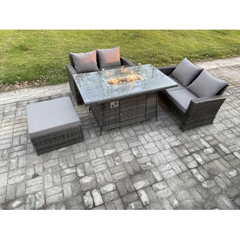 Fimous 4 Stücke Gartenmöbel Set Polyrattan Sitzgruppe Gas Feuerstelle Esstisch Sofa Set mit Großer Fußhocker (1/5)