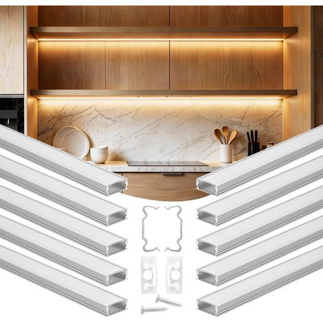VEVOR Perfil de Aluminio para Tira LED 1 m, Paquete de 10 Unidades, Canaletas para LED, con Difusor Opal Tapones de Extremos y Soportes de Montaje, Decoración de Luz para Dormitorio Sala de Estar (1/5)