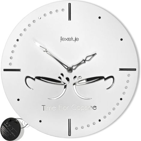 Küchenuhr „Silberne Tassen“, rund, weiß, 3D