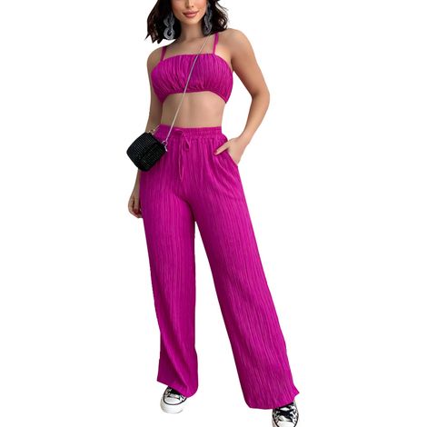 Haut Tube - Pantalon Taille Haute - Bretelles Réglables - Élastique à la Taille - Couleur Unie - Rose - Taille 2XL (1/5)