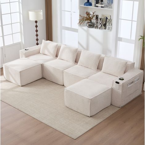 Canapé modulaire 4 places 330x162x75 cm beige en velours côtelé avec 2 poufs, porte-gobelets et poches (1/5)