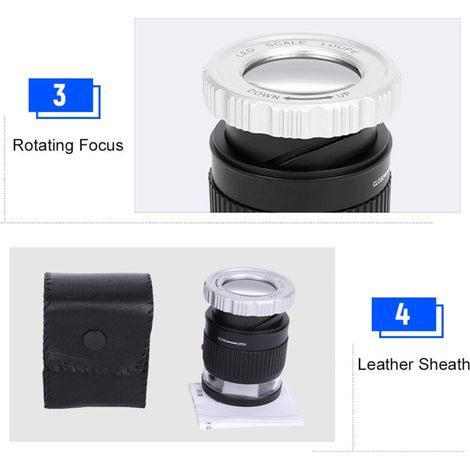 LED magnifier, 30X adjustable magnification, cylindrical metal mirror, with small reading lens for jewelry, 3 UV lights, black (1/5)
