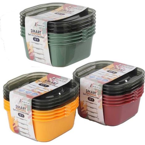 Set 4 Pezzi Frigobox per Alimenti Quadrato Smart Maia 1 Litro 3 Colori